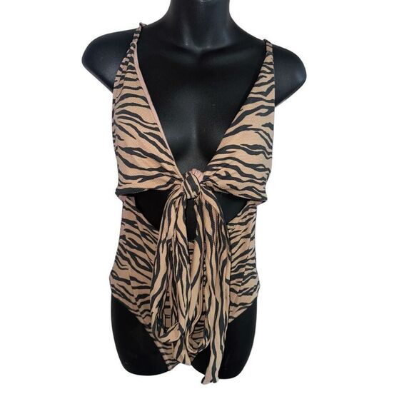 NEW WITH TAGS beautiful Aerie Swimsuit Womens size Large Tan Black Tiger Print W - Picture 2 of 6